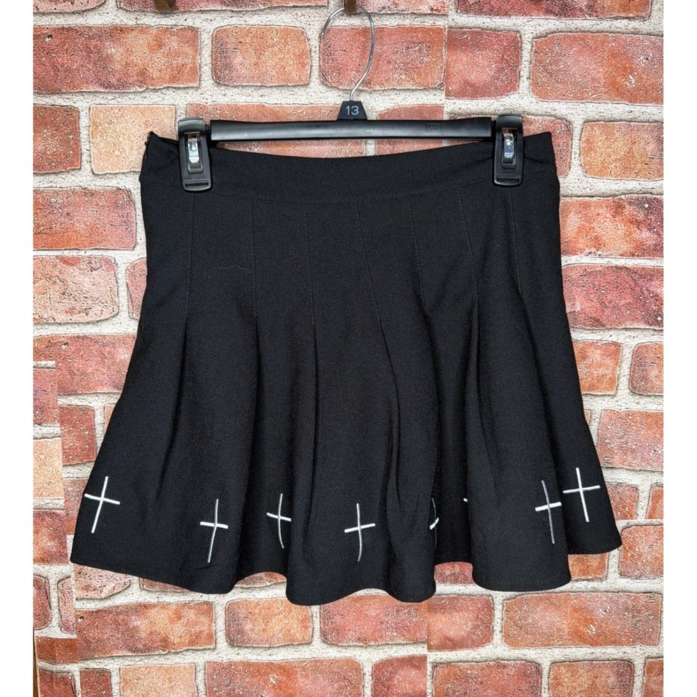 Y2K Black Pleated Cross Mini Skirt Gothic Alt Grunge Punk Skater Embroidered